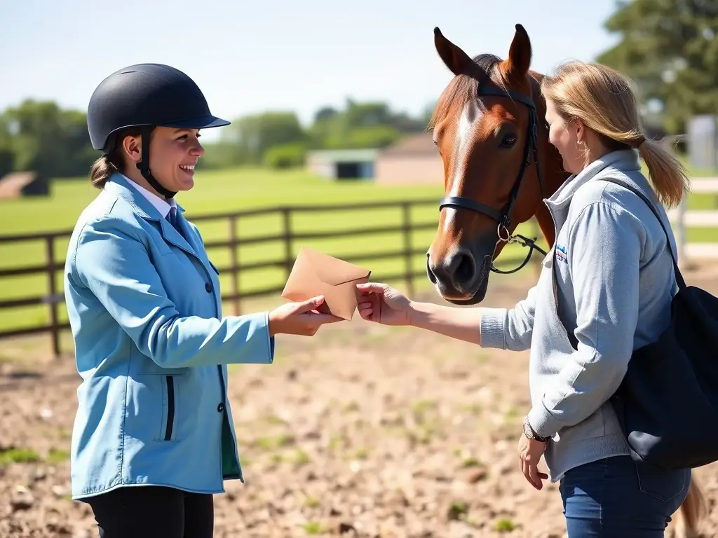 An image of a rider receiving a grant or support package before heading to a competition, symbolizing BONNEMONTESSE CONCOURS's commitment to financial assistance.