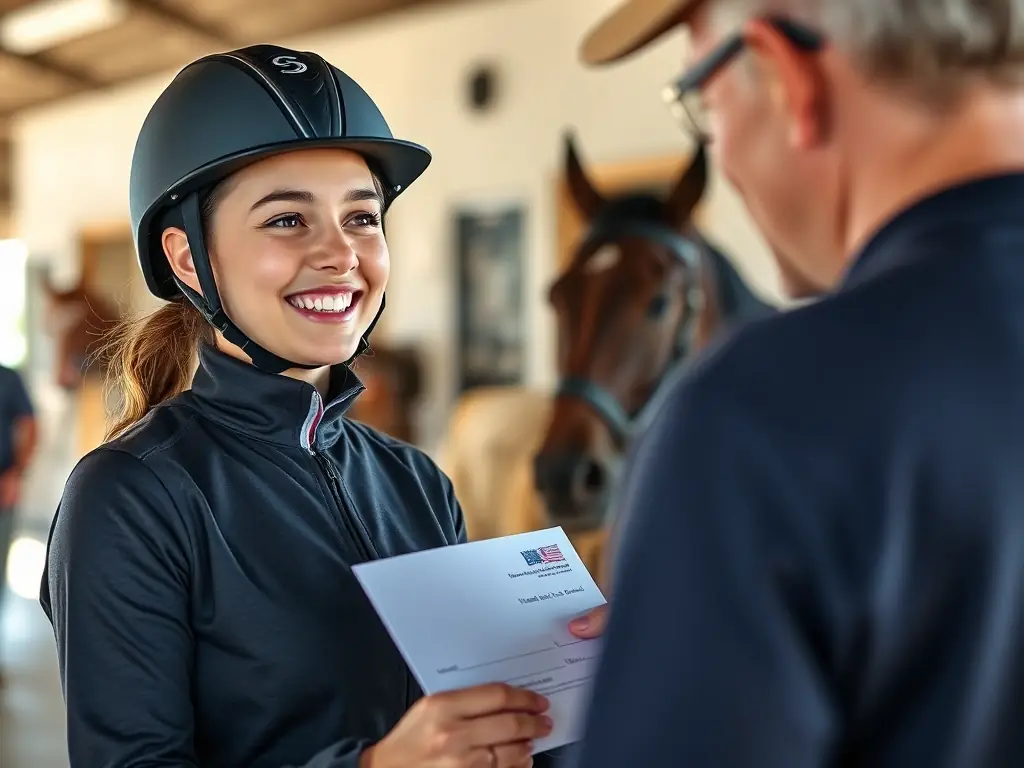 A rider receiving financial assistance from BONNEMONTESSE CONCOURS, highlighting the organization's commitment to supporting riders' participation in competitions.