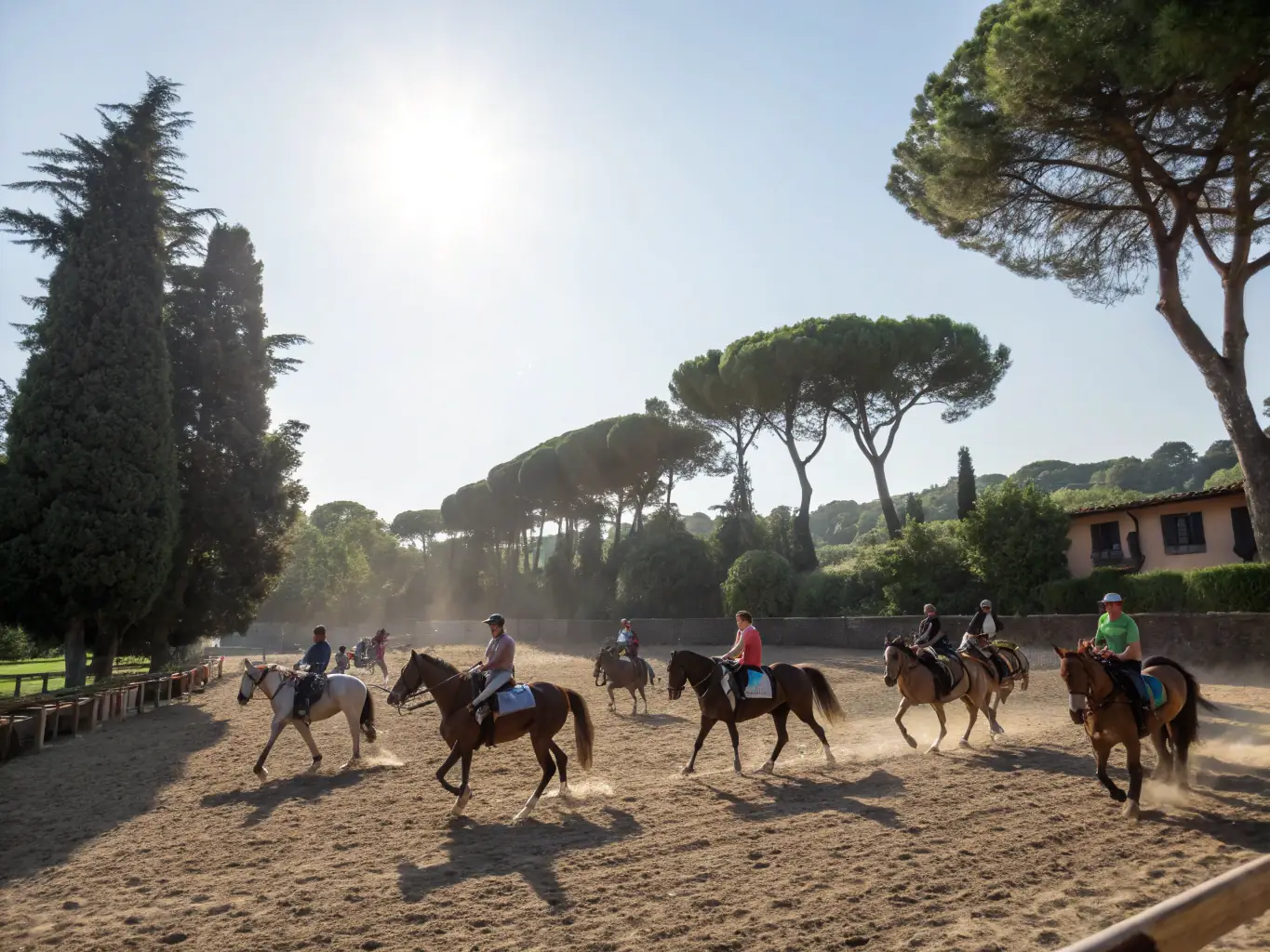 A group of equestrian riders participating in a structured training session at BONNEMONTESSE CONCOURS, focusing on skill development and technique refinement.