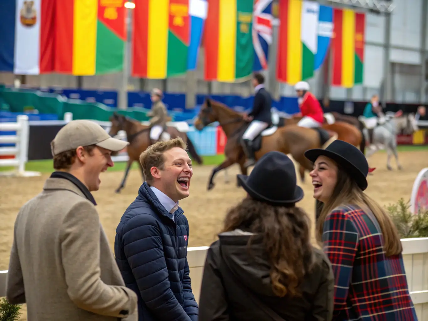 A vibrant scene from a community equestrian event organized by BONNEMONTESSE CONCOURS, showcasing riders and spectators enjoying the competition and camaraderie.
