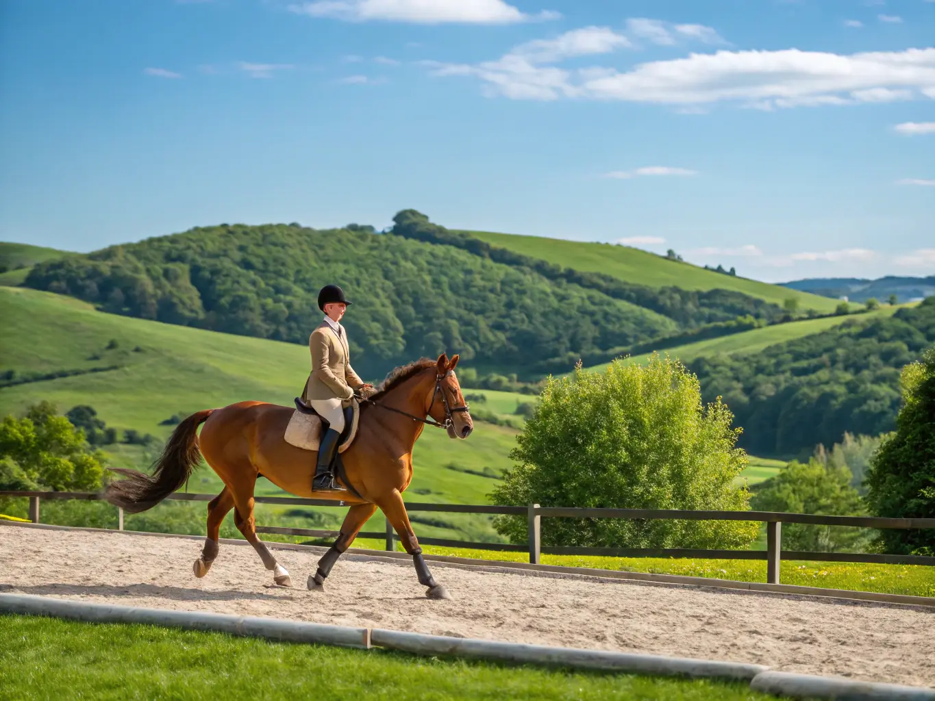 An instructor guiding riders during a training session in an outdoor arena, illustrating BONNEMONTESSE CONCOURS's structured training programs.