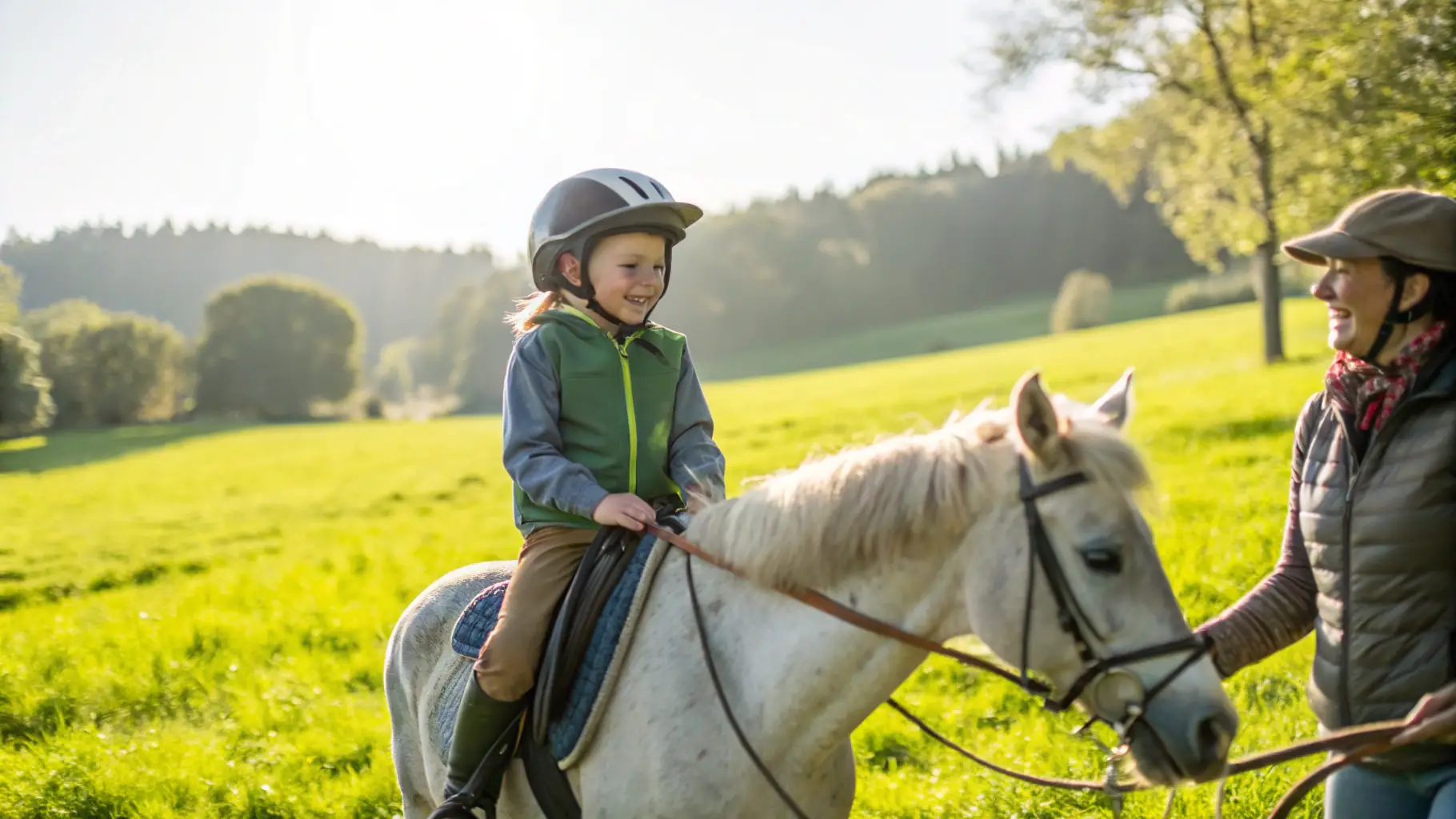 A young rider smiling while participating in a pony race at a local equestrian event.