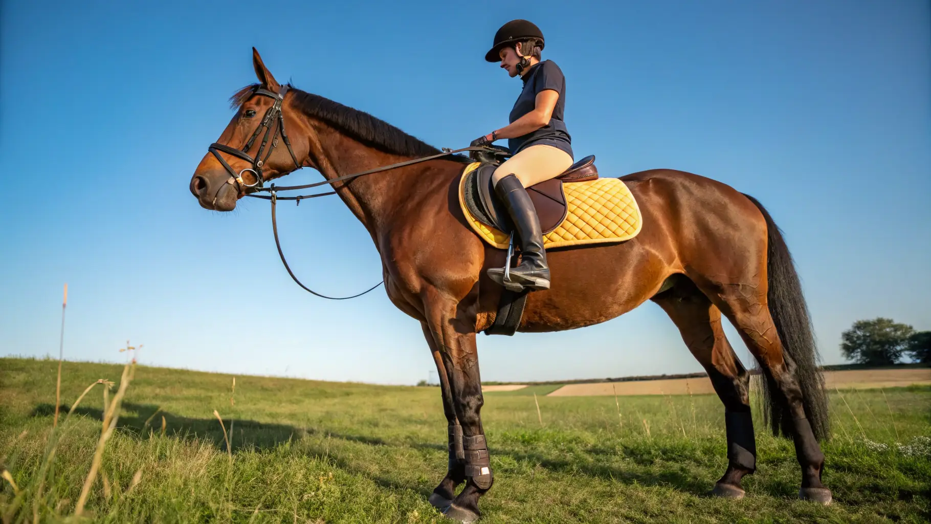A horse jumping over an obstacle during a sunny day at an equestrian event.